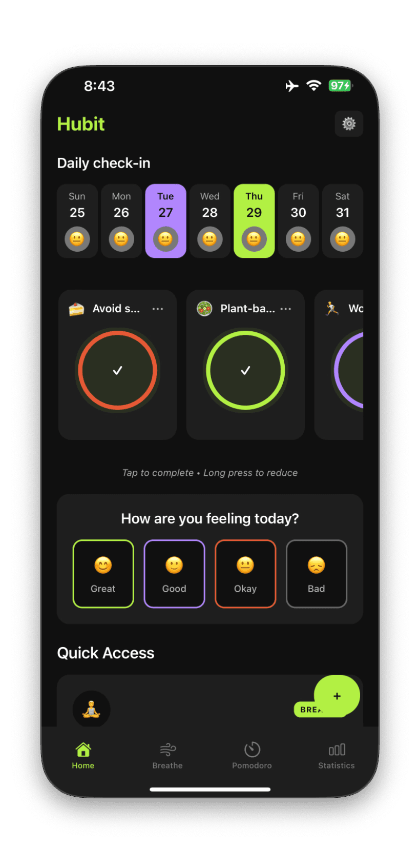 Habit Tracker, Pomodoro & Breathing Exercises App